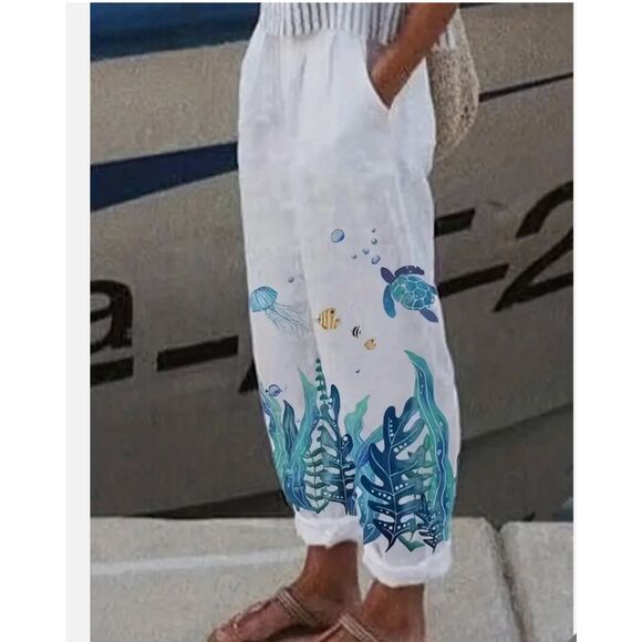 Women Fashion Seagrass Turtle Print Slant Pockets Pants in Blue White Size Large - Picture 1 of 8